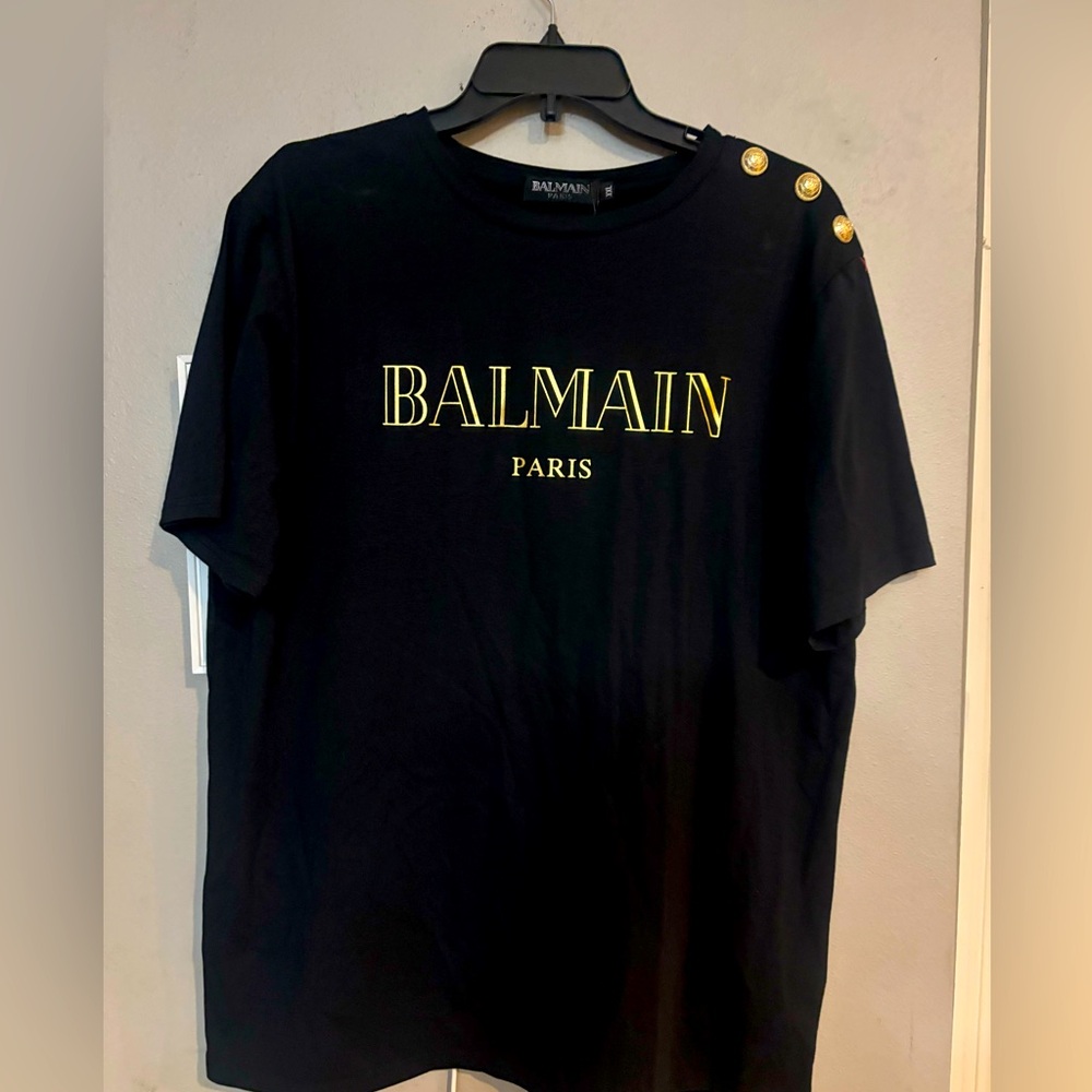Balmain Black Tee with Gold Button Details - Picture 1 of 3